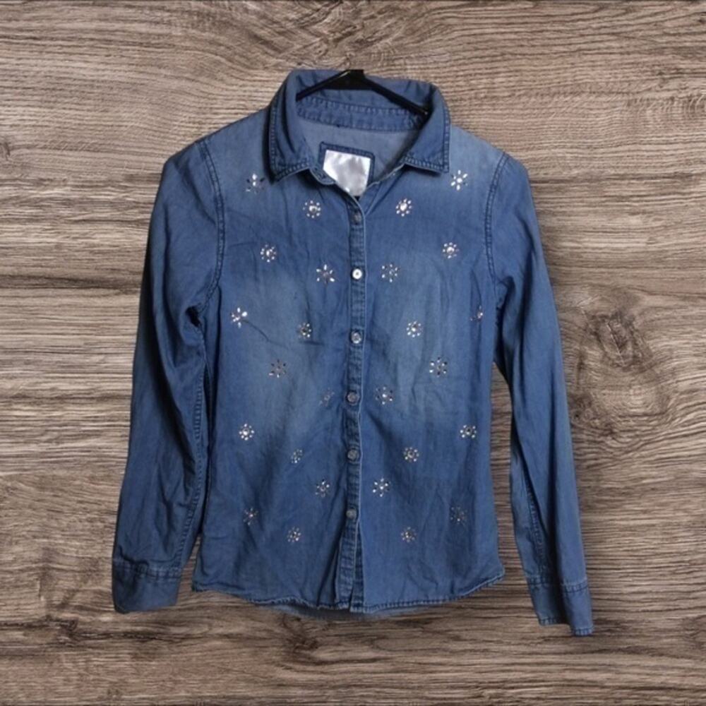 Justice blue chambray long sleeve button down shirt Embellished Size 12.